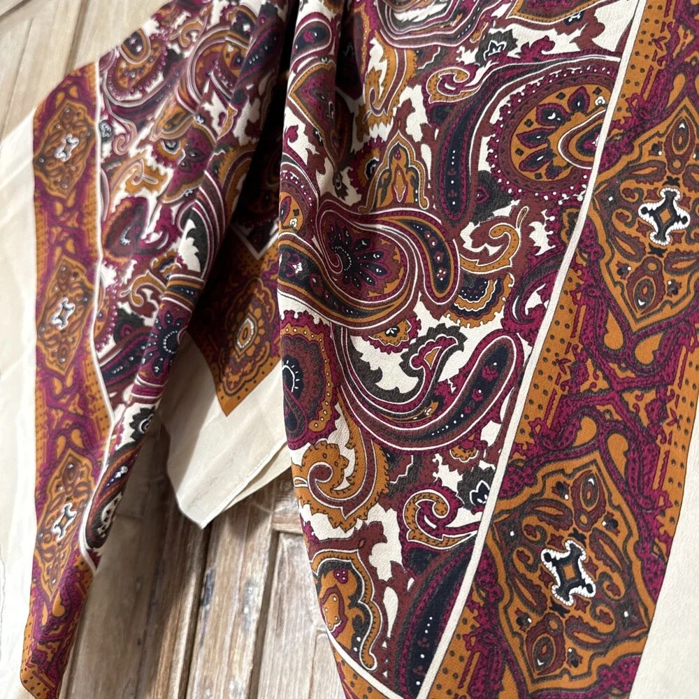 Vintage Silk Paisley Scarf 32x34 Burgundy Rust Mustard Gold Ornate Border 70s
